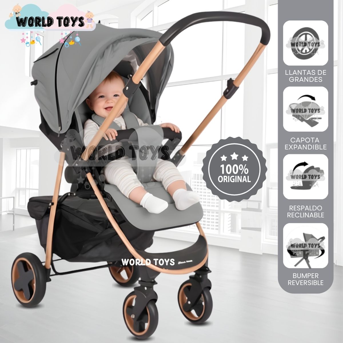 Baby - Coche Cuna Deportivo «SMART PLUS» Mango Reversible Gray