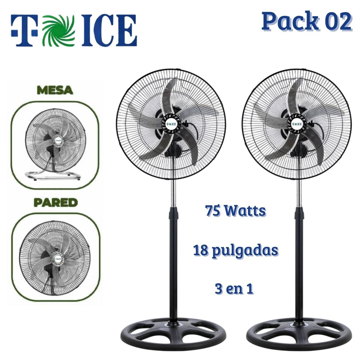 GENERICO - Pack 02 Ventiladores T-ICE 75 Watts, 3 en 1 Pedestal, Mesa y Pared