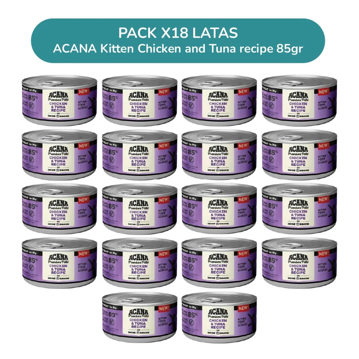 ACANA - Pack 18 Latas ACANA Premium Paté Kitten Pollo y Atún 85 g – Comida Húmeda para Gatitos