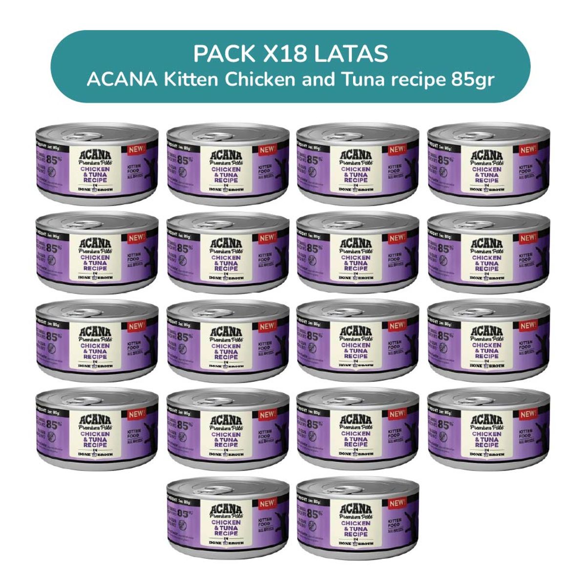 ACANA - Pack 18 Latas ACANA Premium Paté Kitten Pollo y Atún 85 g – Comida Húmeda para Gatitos
