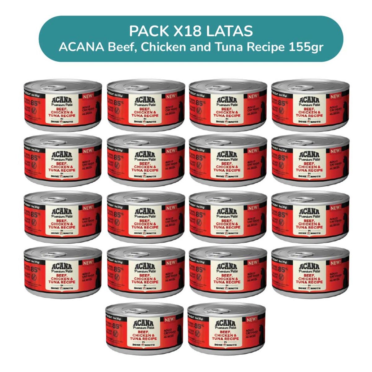 ACANA - Pack 18 Latas ACANA Premium Paté Res, Pollo y Atún 155 g – Comida Húmeda para Gatos