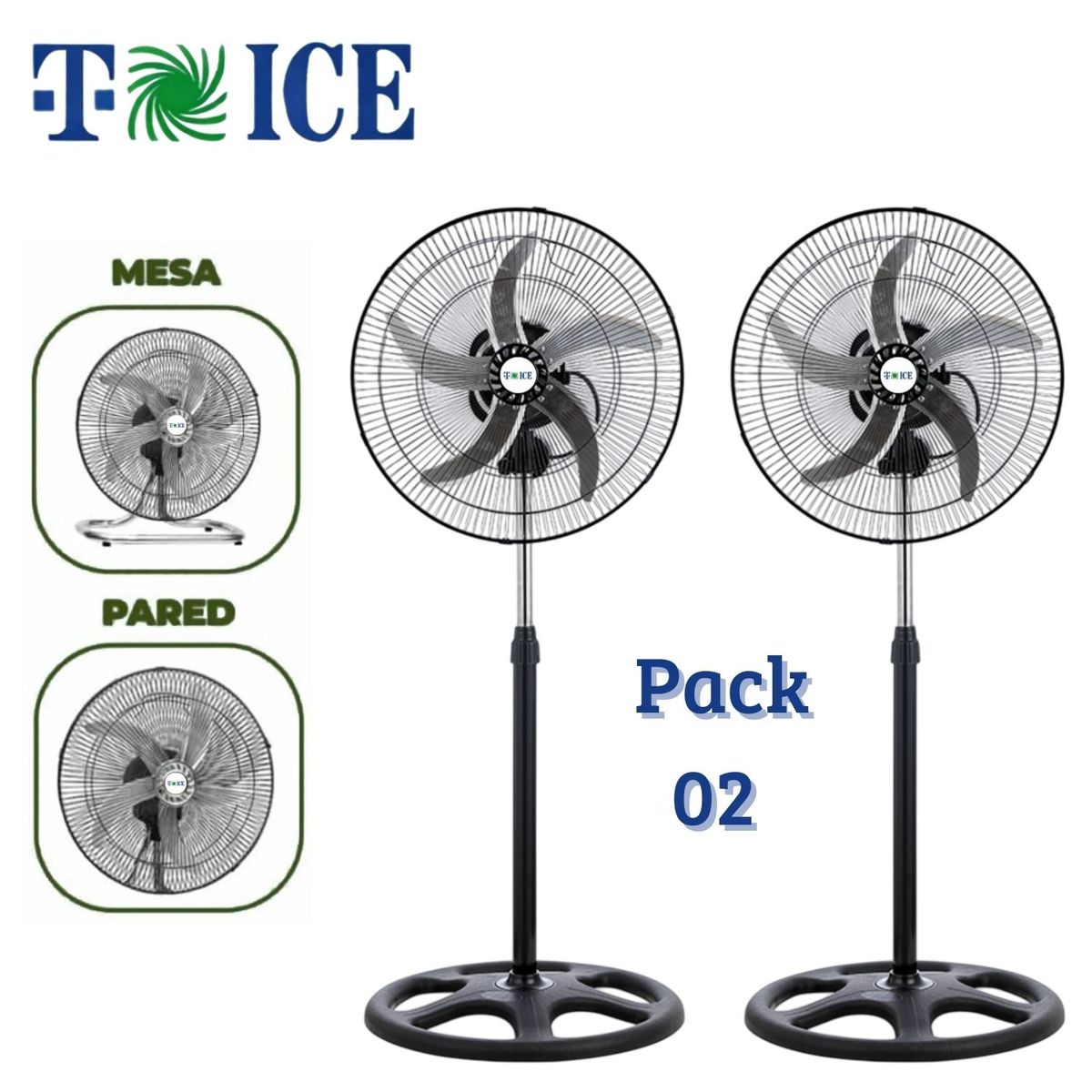 GENERICO - Pack 02 Ventiladores T-ICE 75 Watts 5 Aspas 3 en 1 Pedestal, Mesa y Pared