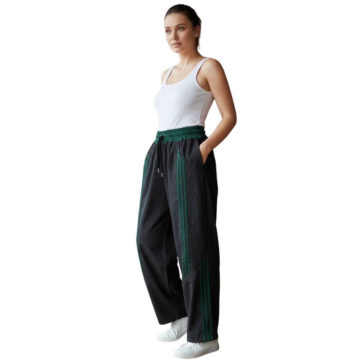 ENKI - Pantalón Deportivo Oversized Mujer NegroVerde Estilo Urbano Athleisure