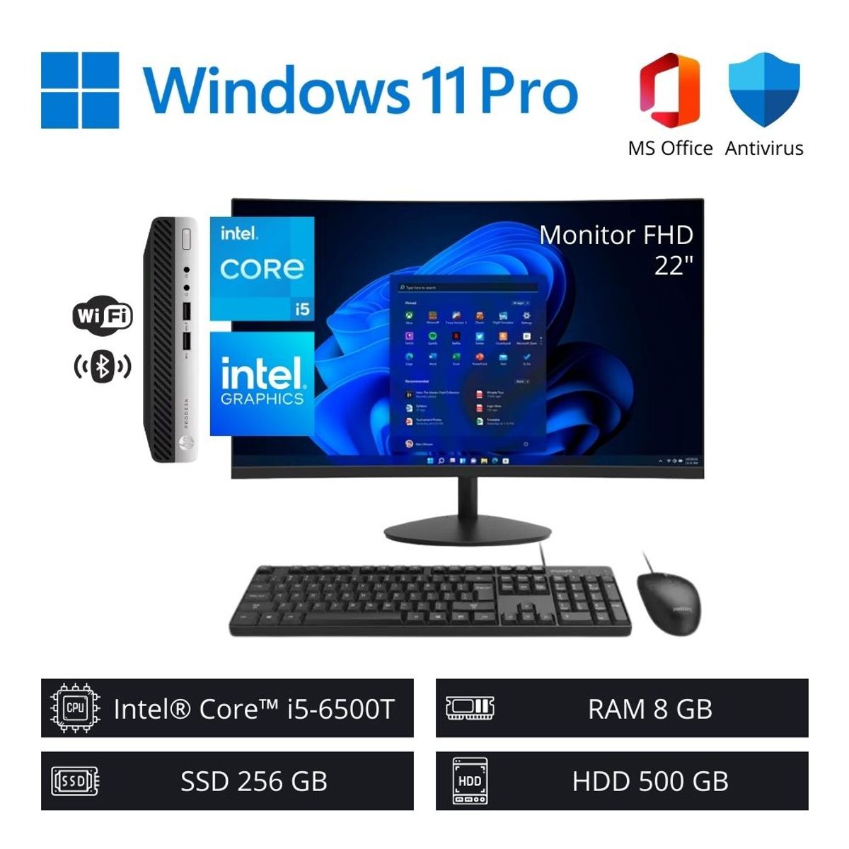 HP - Computadora PC Intel Core i5-6500T 8GB RAM 256GB SSD 500GB HDD + Monitor 22” FHD WiFi +BT