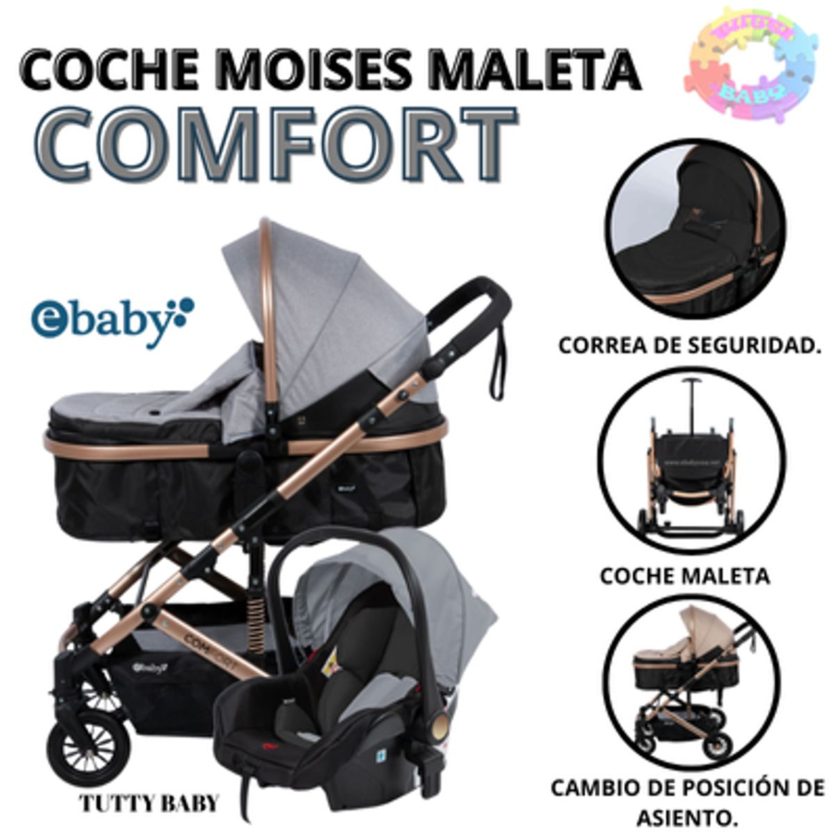 EBABY - COCHE CUNA COMFORT CON PORTABEBE COD 147P-1 - GRIS