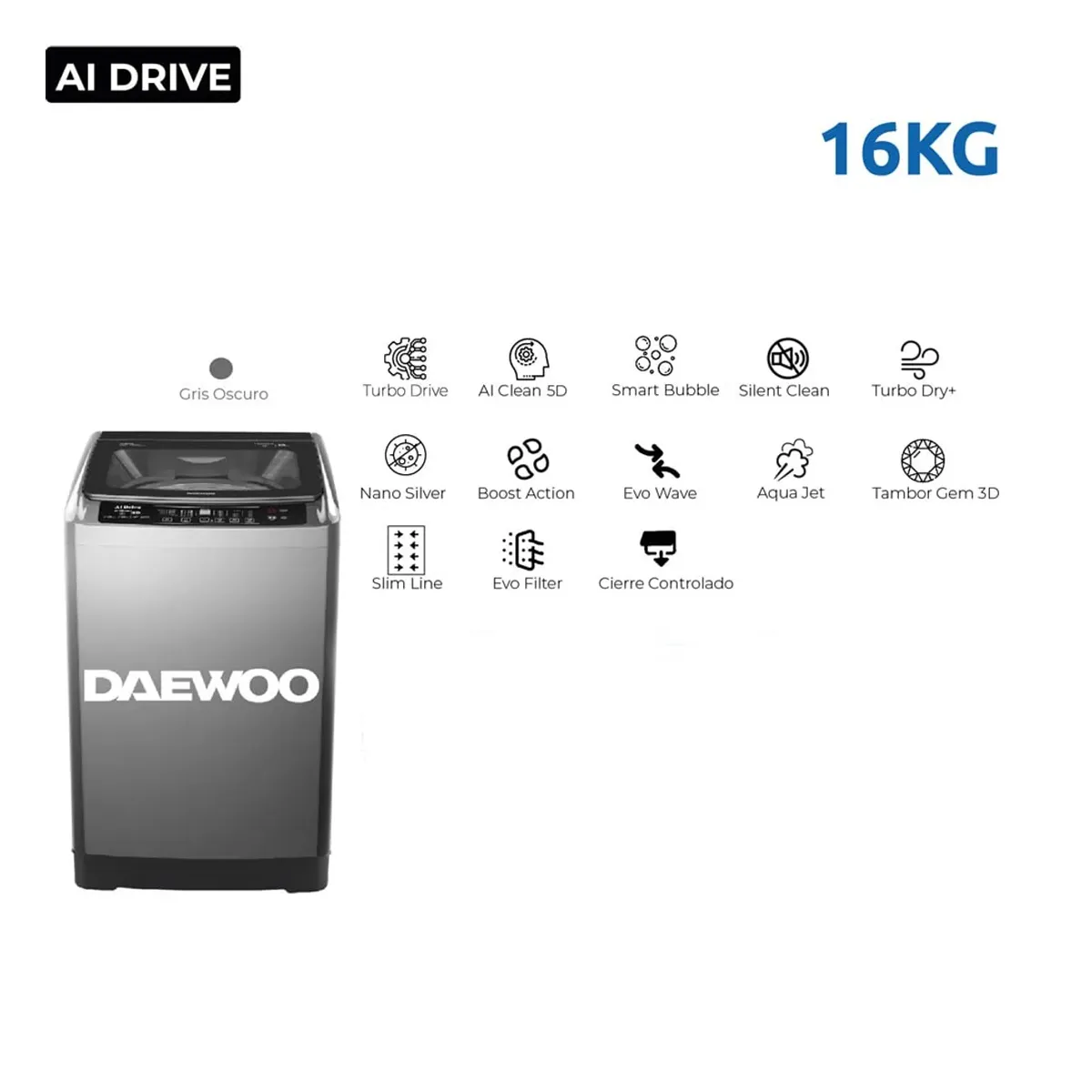 DAEWOO - Lavadora Daewoo 16Kg DPAI-1624 - Gris Oscuro