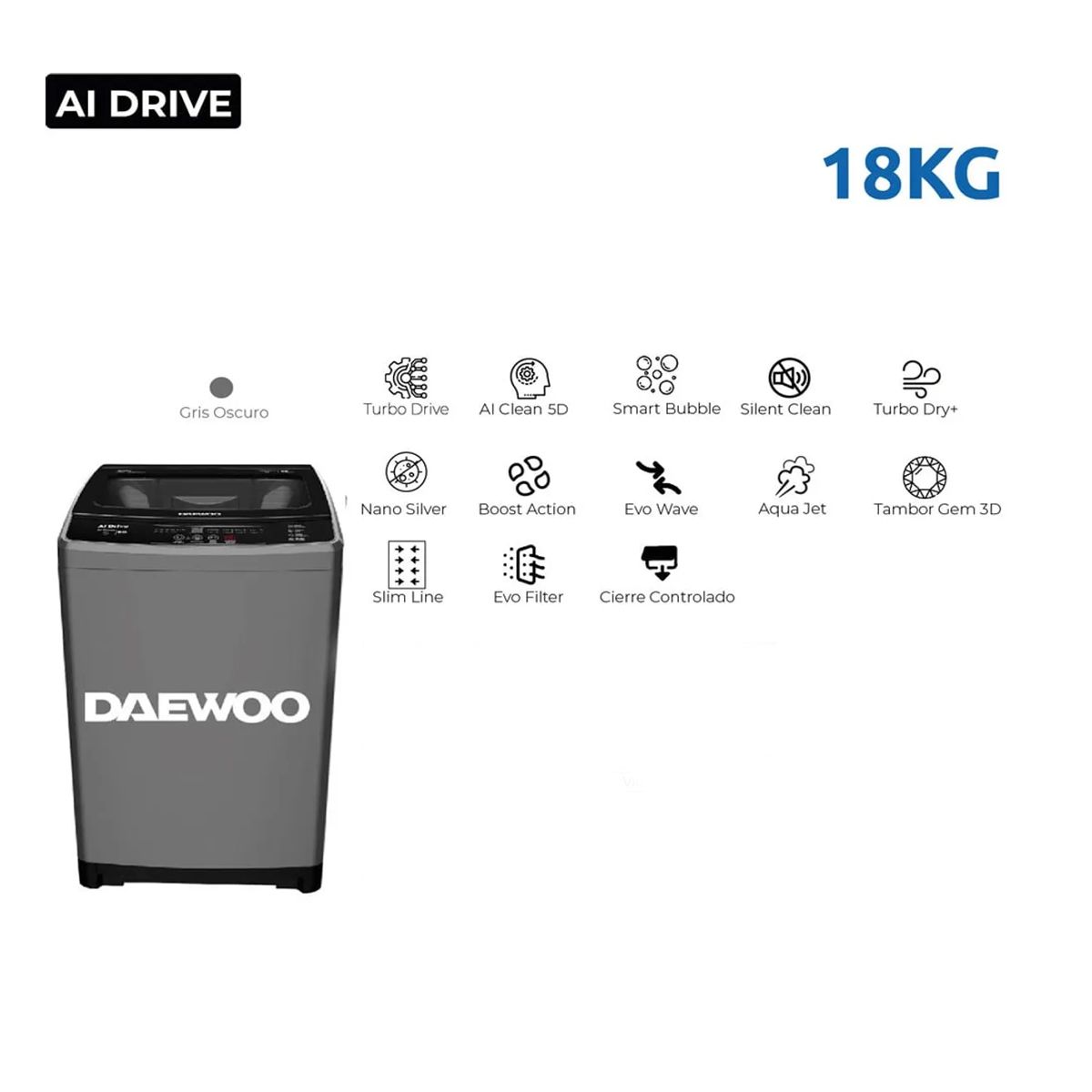 DAEWOO - Lavadora 18 KG Daewoo AI Drive -  Gris Oscuro
