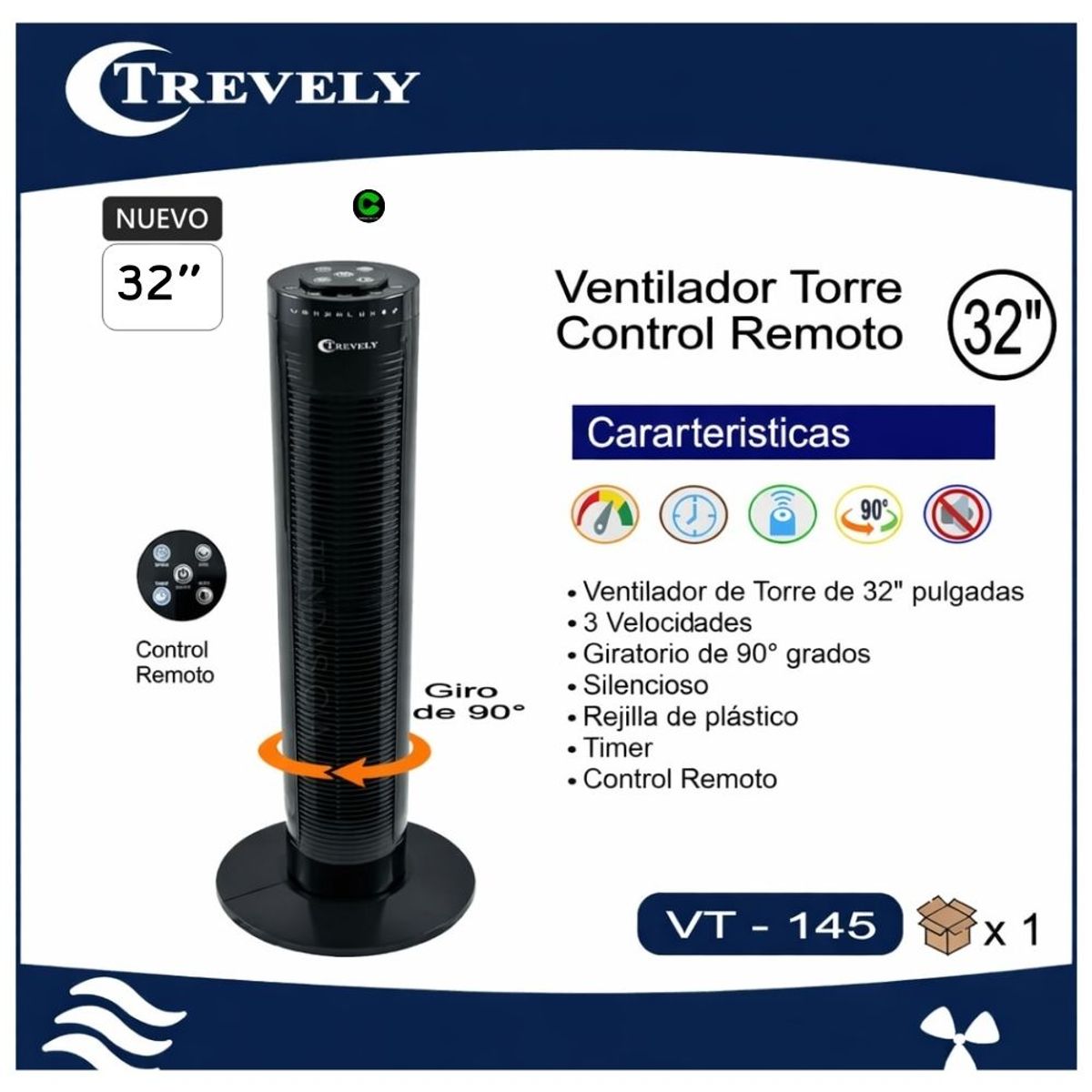 TREVELY - VENTILADOR DE TORRE TREVELY CON CONTROL REMOTO VT-145