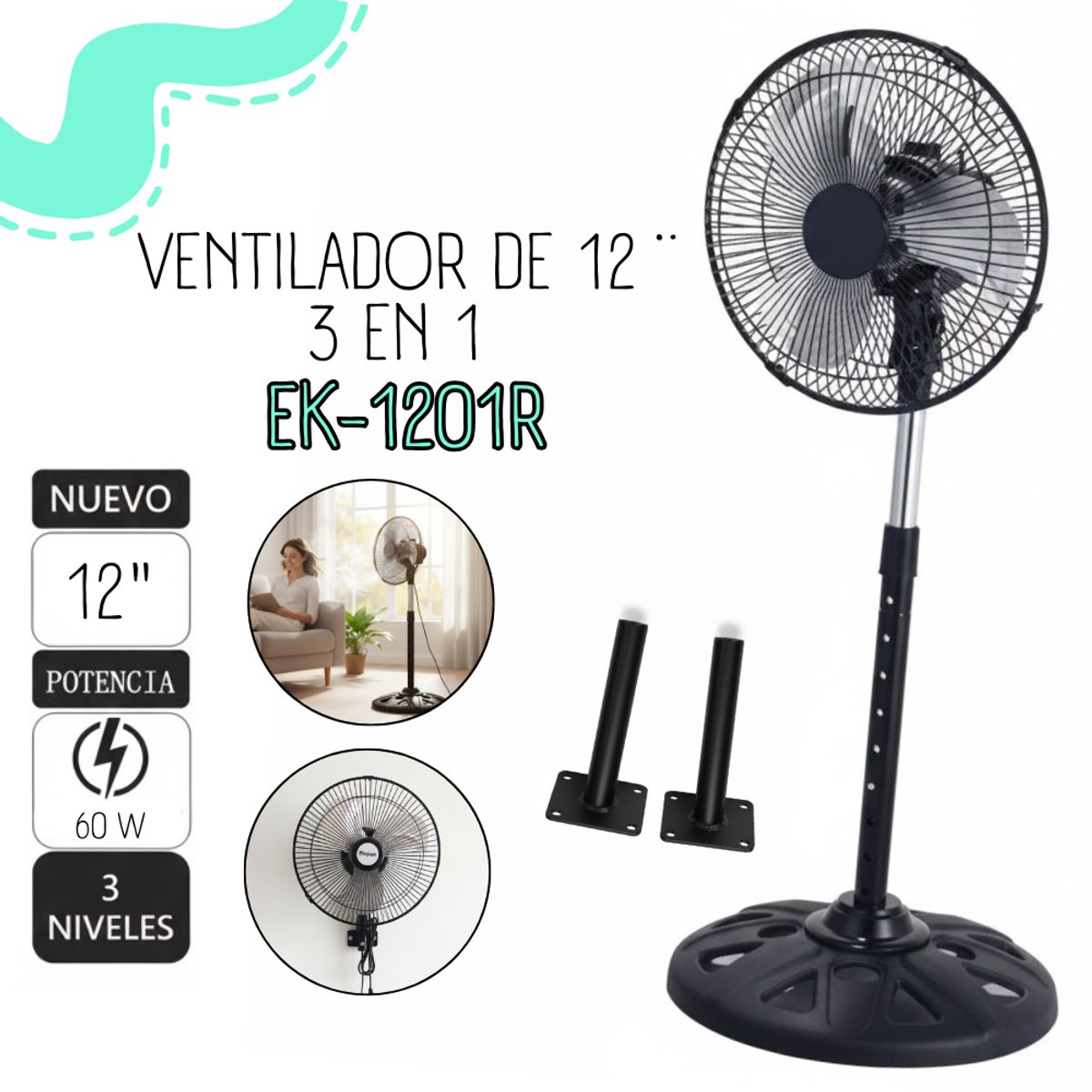 GENERICO - VENTILADOR DE 12"  3 EN 1 - EK-1201R