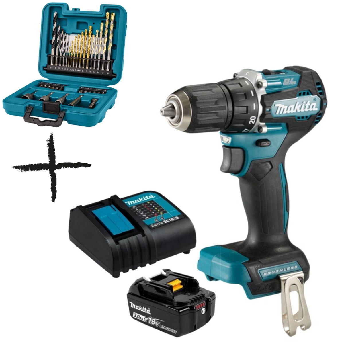 MAKITA - Taladro Percutor 1/2″ 18V LXT BL Incluye 1 Bat y Carg Makita DHP487SF + 1 SET DE ACCESORIOS