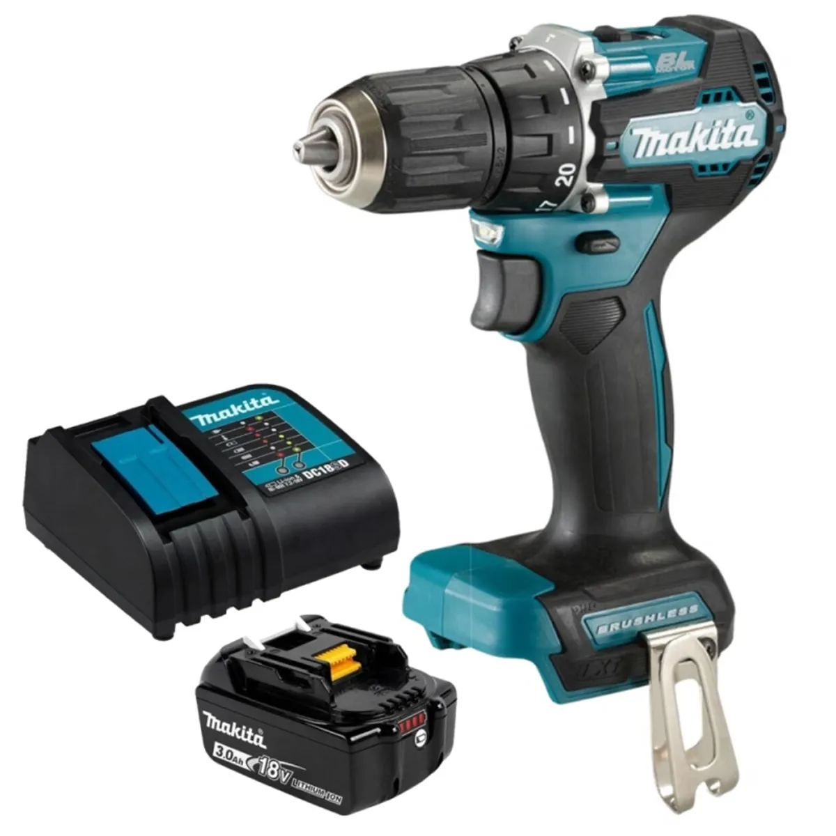 MAKITA - Taladro Percutor 1/2″ 18V LXT BL Incluye 1 Bat y Carg Makita DHP487SF + 1 SET DE ACCESORIOS