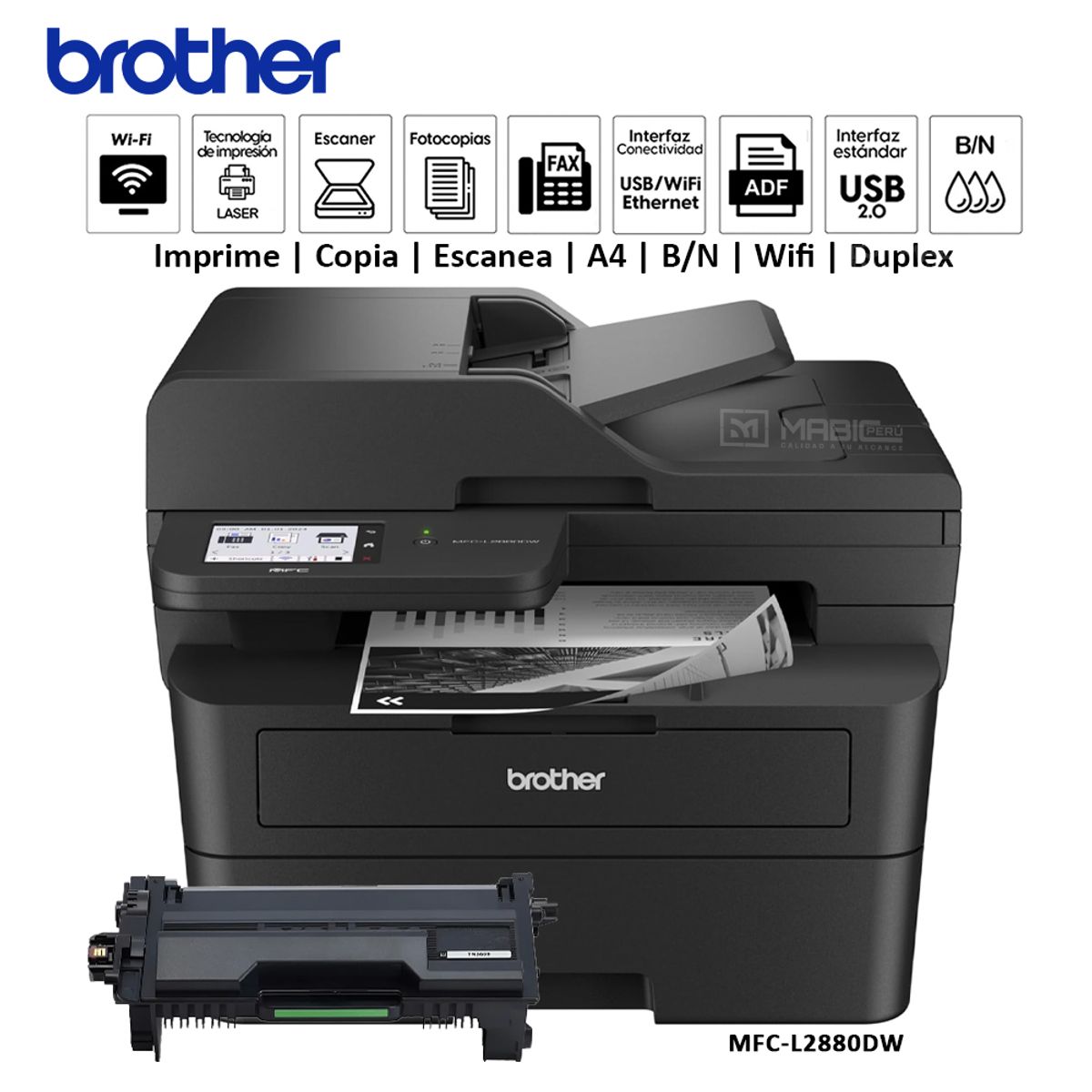 BROTHER - Impresora Multifuncional Laser BN Brother MFC-L2880DW Duplex WIFI ADF