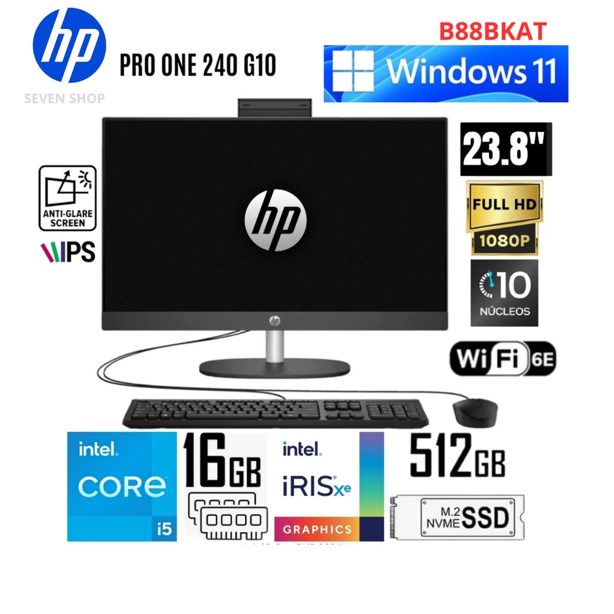 HP - ALL IN ONE HP Pro One 240 G10 i51335U 23.8" FHD 16GB 512GB FREEDOS B88BKAT#ABM