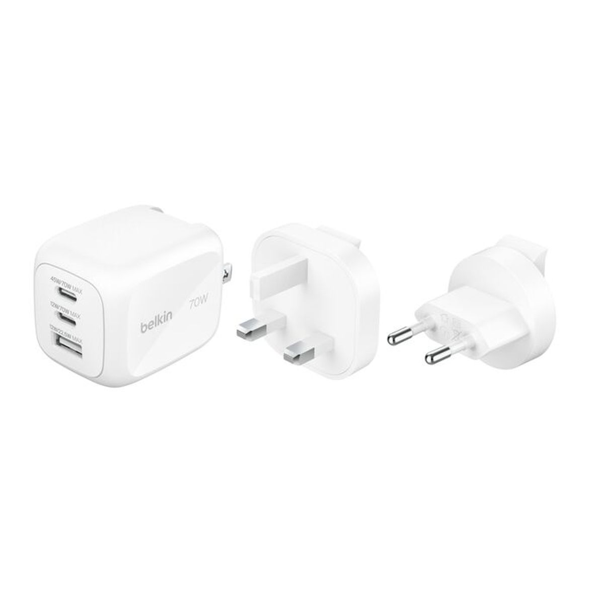 BELKIN - Cargador de pared trible de 70 W BELKIN COLOR BLANCO CON KIT DE ENCHUFES VIAJERO