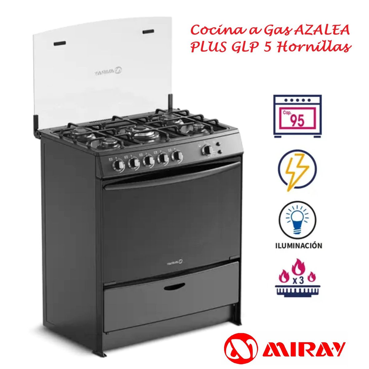 MIRAY - Cocina a Gas Miray AZALEA PLUS GLP 5 Hornillas – Negro