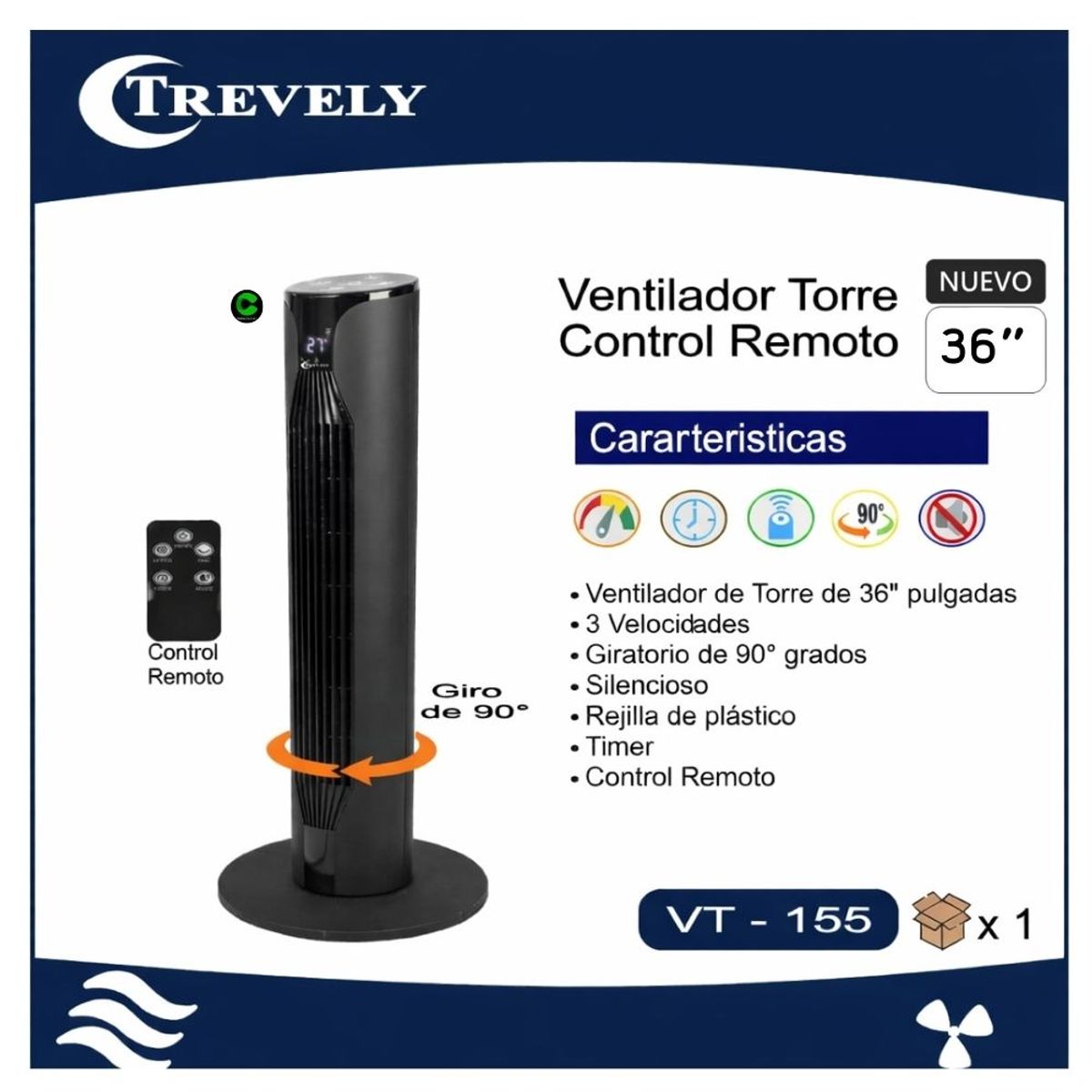 TREVELY - VENTILADOR DE TORRE TREVELY CON CONTROL REMOTO VT-155