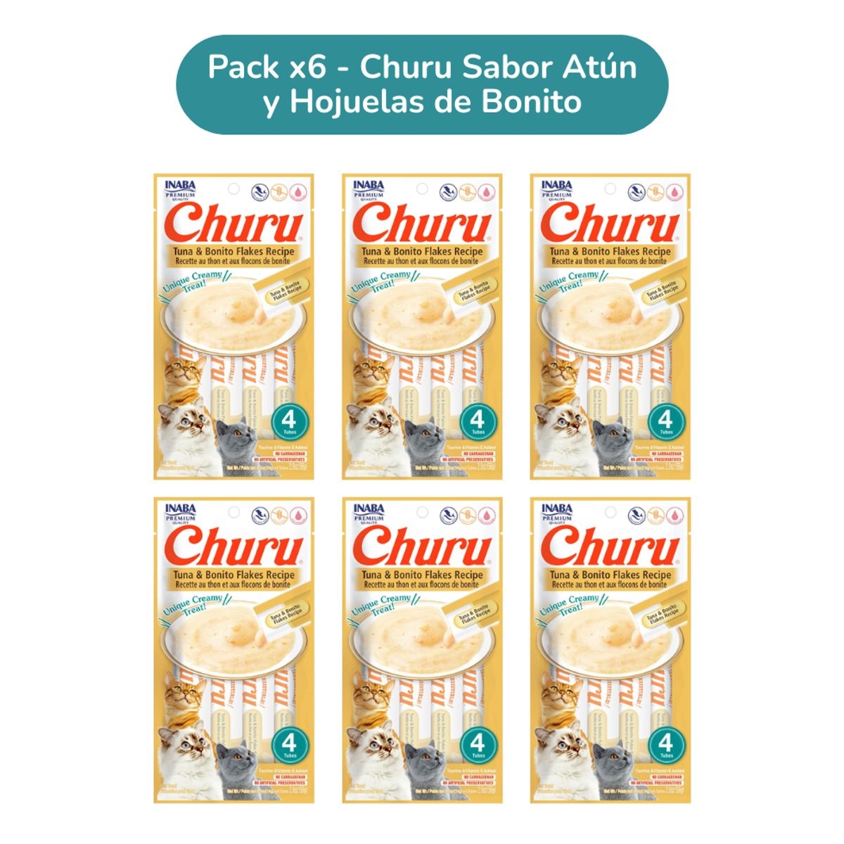 CHURU - Pack 6 Churu Atún con Hojuelas de Bonito – Snack Cremoso para Gatos