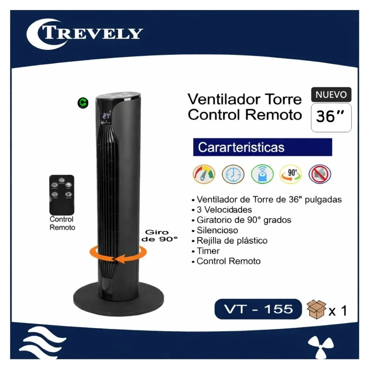 TREVELY - VENTILADOR DE TORRE TREVELY CON CONTROL REMOTO VT-155