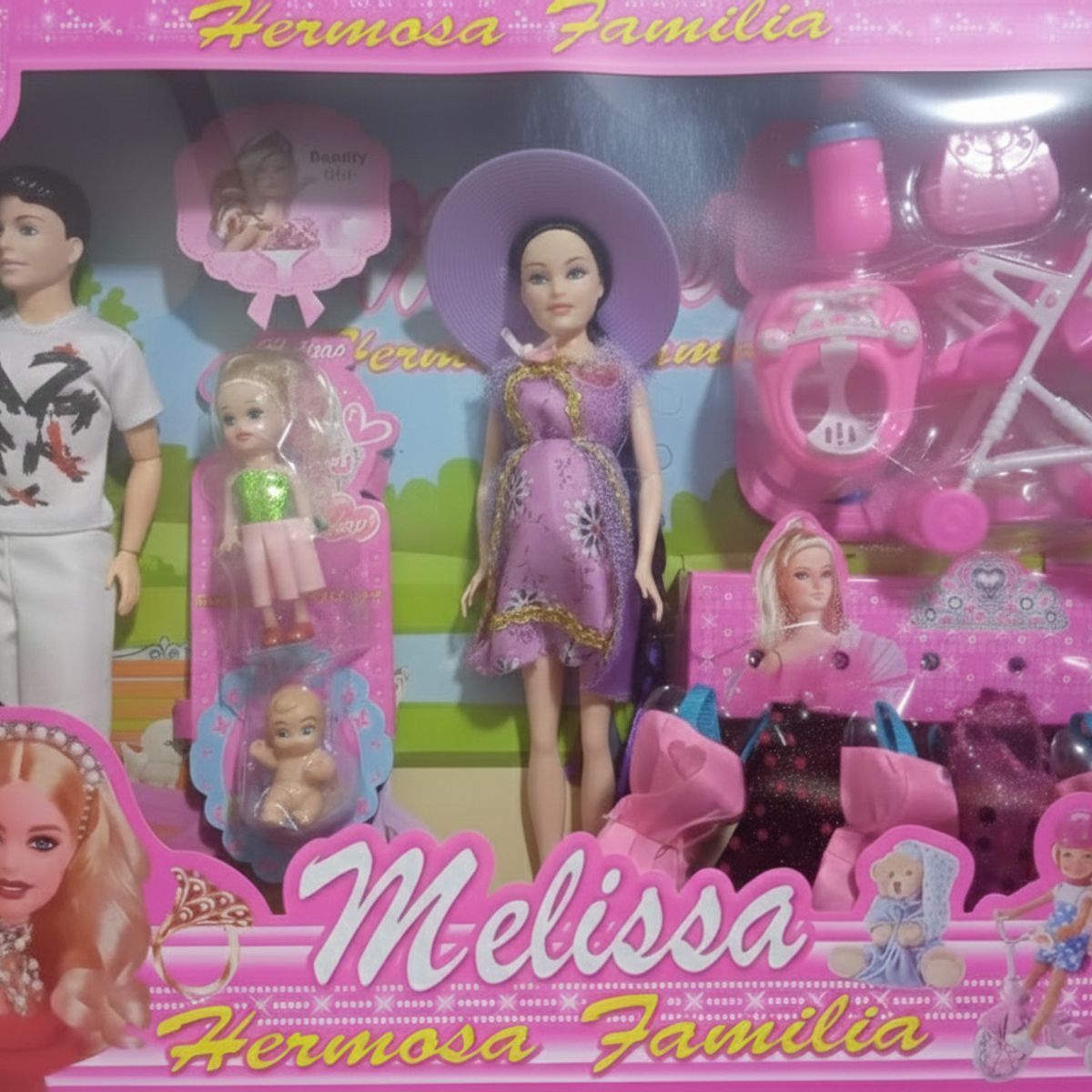 GENERICO - Muñeca Embarazada con Familia Incluye Coche Andador Vestidos