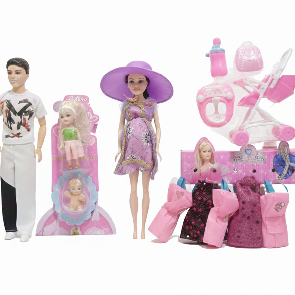 GENERICO - Muñeca Embarazada con Familia Incluye Coche Andador Vestidos