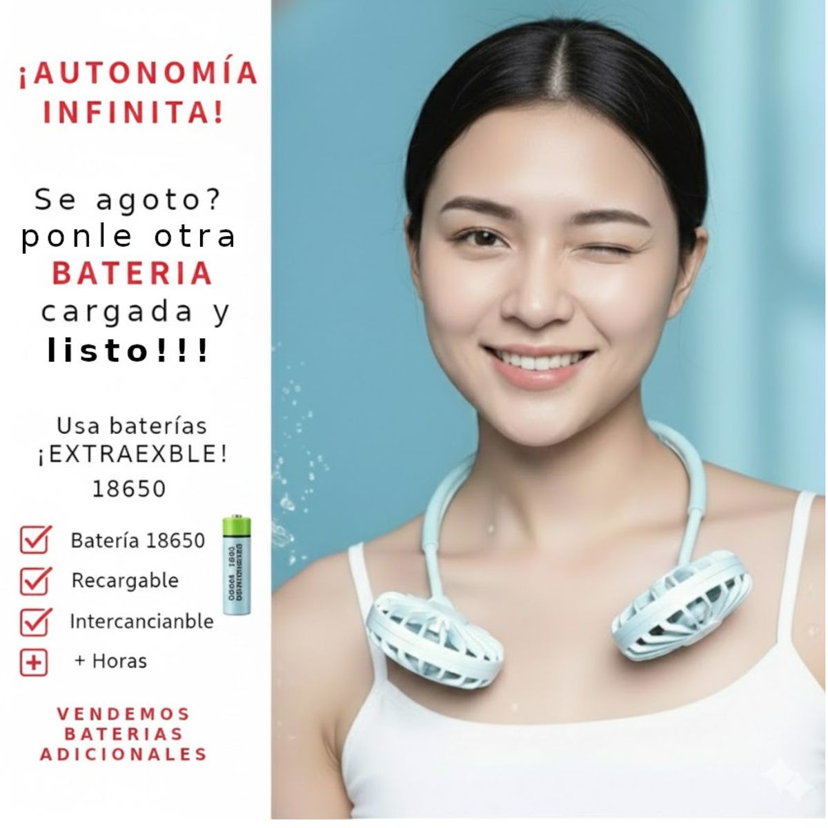 GENERICO - Ventilador Cuello Cooler 3 Velocidades Bateria 18650 Recargable Remplazable Calor Portable Plegable