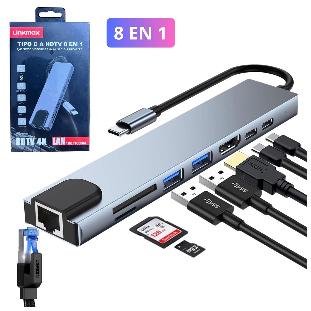 SEISA - Adaptador Hub USB-C 8 en 1 - HDMI 4K, RJ45, Carga PD 87W y USB 3.0 SD / TF