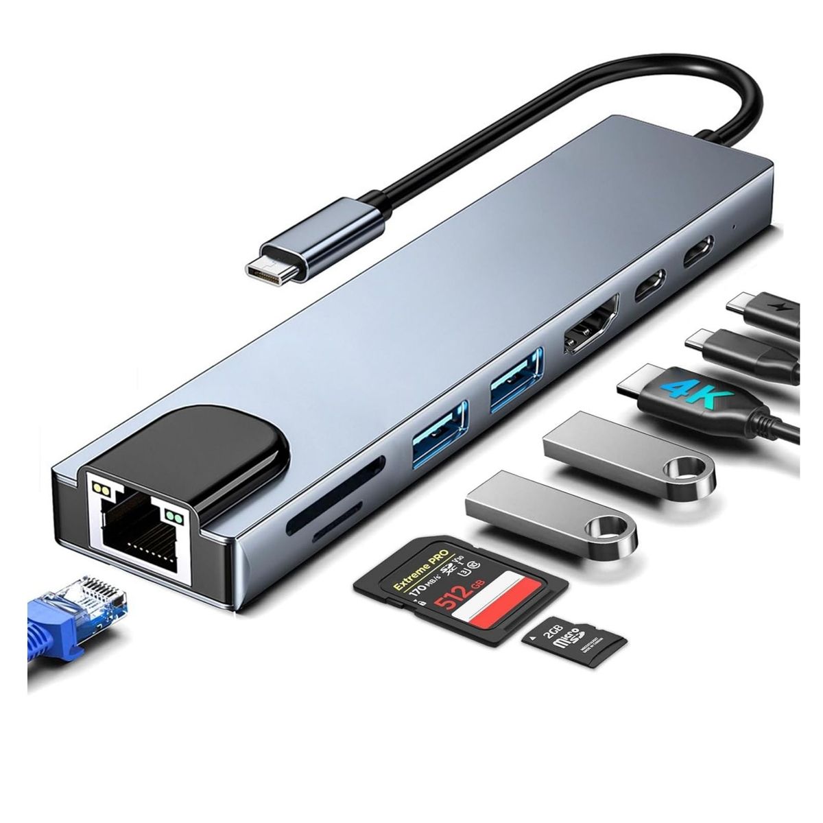 SEISA - Adaptador Hub USB-C 8 en 1 - HDMI 4K, RJ45, Carga PD 87W y USB 3.0 SD / TF