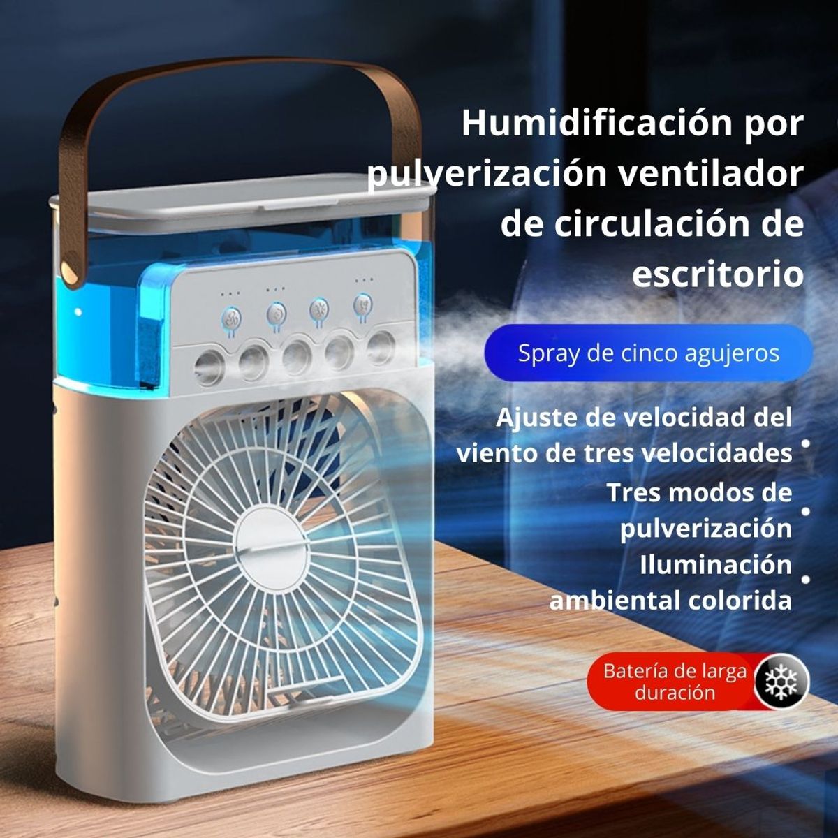 GENERICO - Ventilador Enfriador de Aire Portátil USB con Humidificador Luz LED y Temporizador