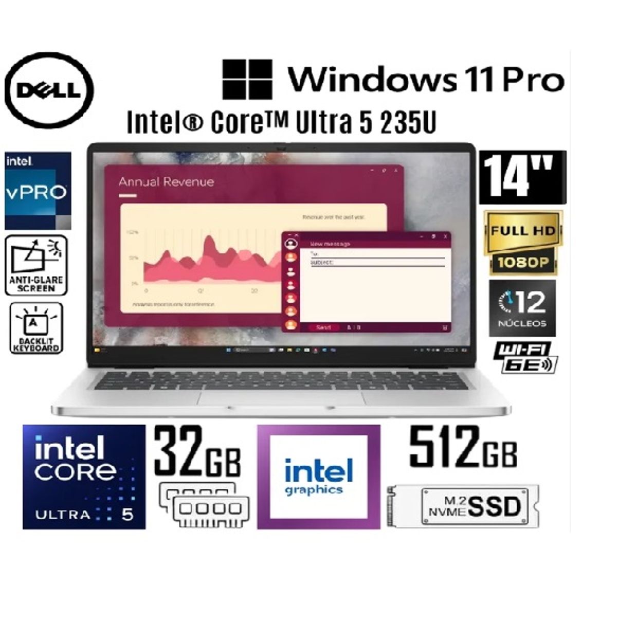 DELL - Laptop DELL Pro 14 PC14250 14" FHD IPS, Core Ultra 5-235U, Ram 32GB, Ssd 512GB, Win 11 Pro