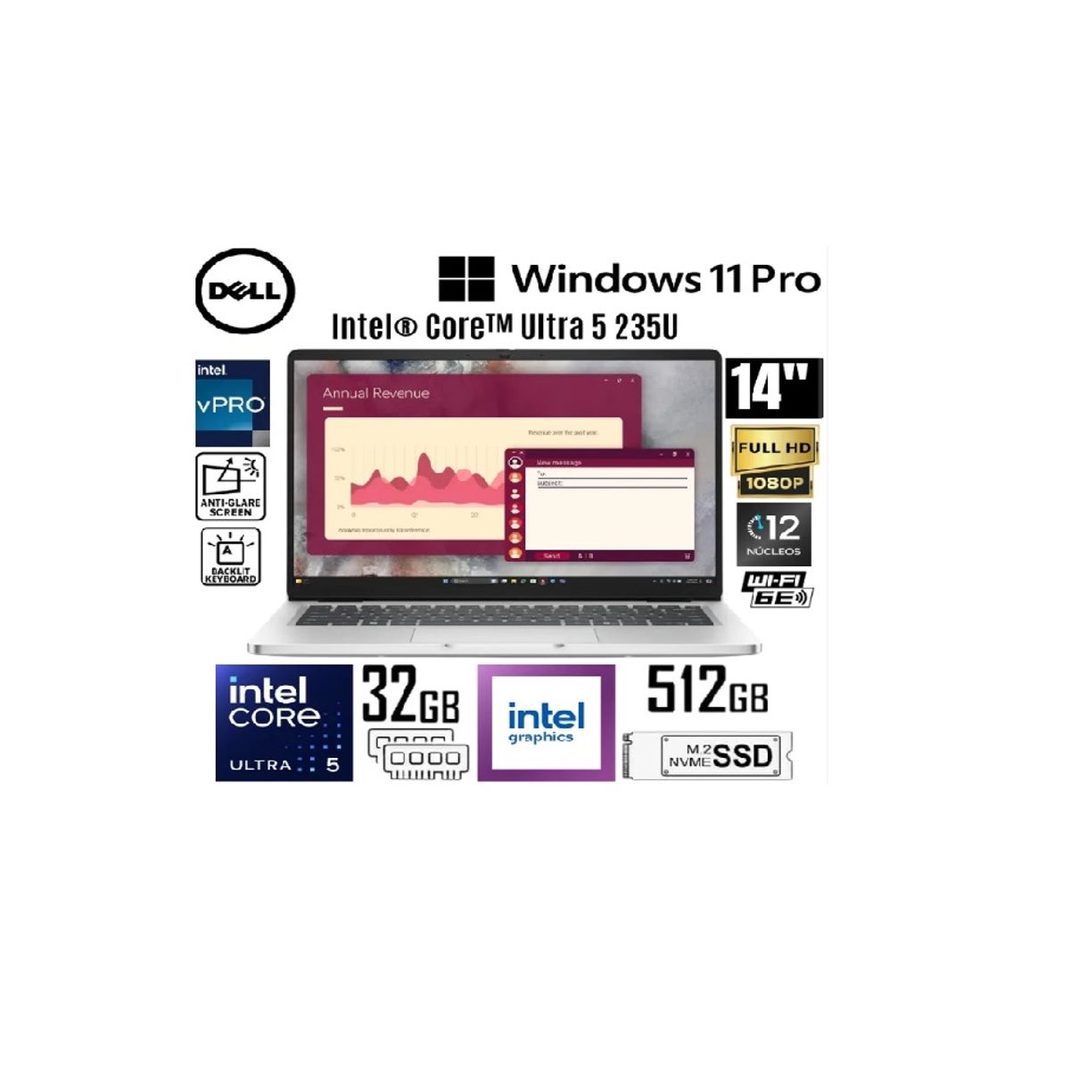 DELL - Laptop DELL Pro 14 PC14250 14" FHD IPS, Core Ultra 5-235U, Ram 32GB, Ssd 512GB, Win 11 Pro
