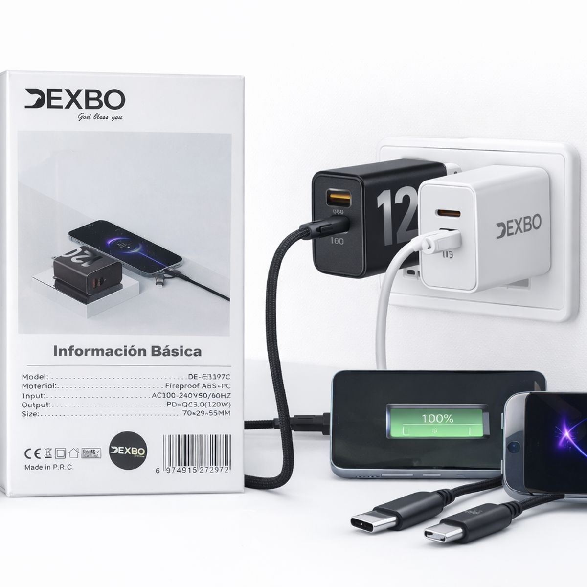 GENERICO - Cargador Rápido DEXBO 120W USB + PD Power Delivery Modelo DE-E5197C