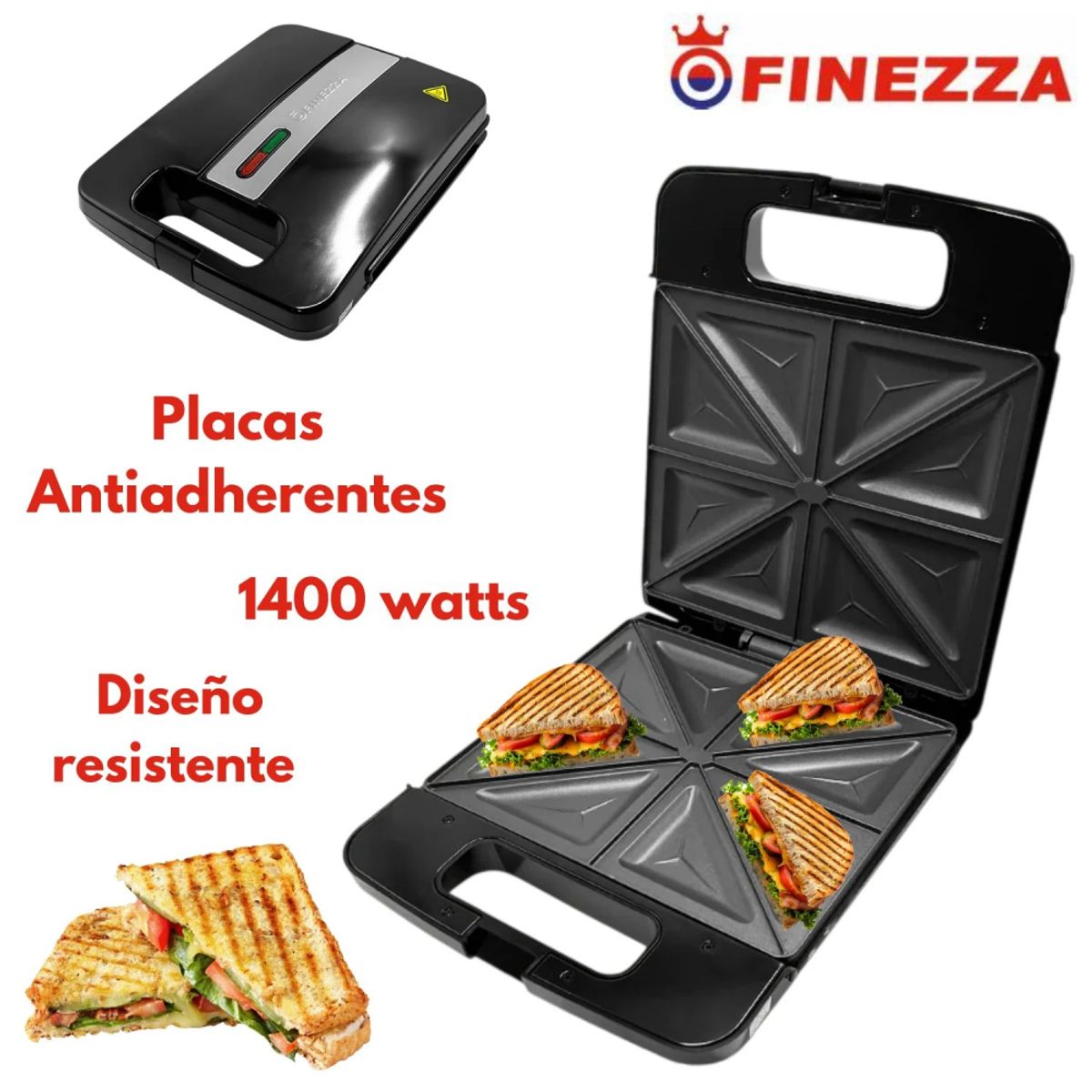 FINEZZA - Sandwichera Eléctrica FZ-825WS4 con Placas Antiadherentes