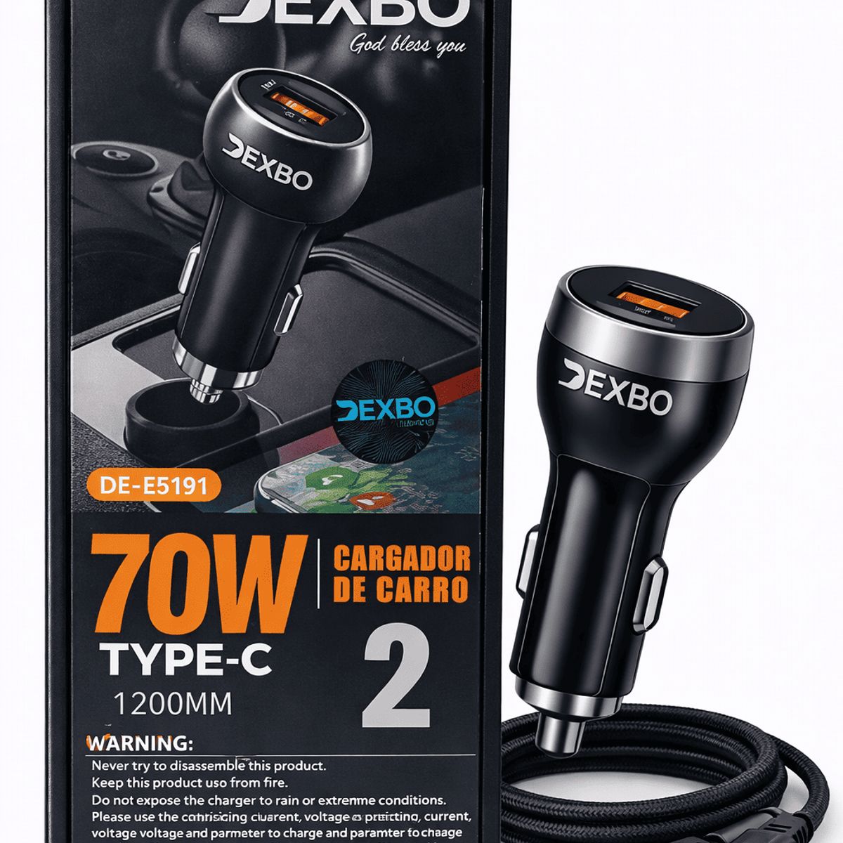 GENERICO - Cargador de Carro Premium DEXBO 70W USB + Type-C PD Modelo DE-E5191
