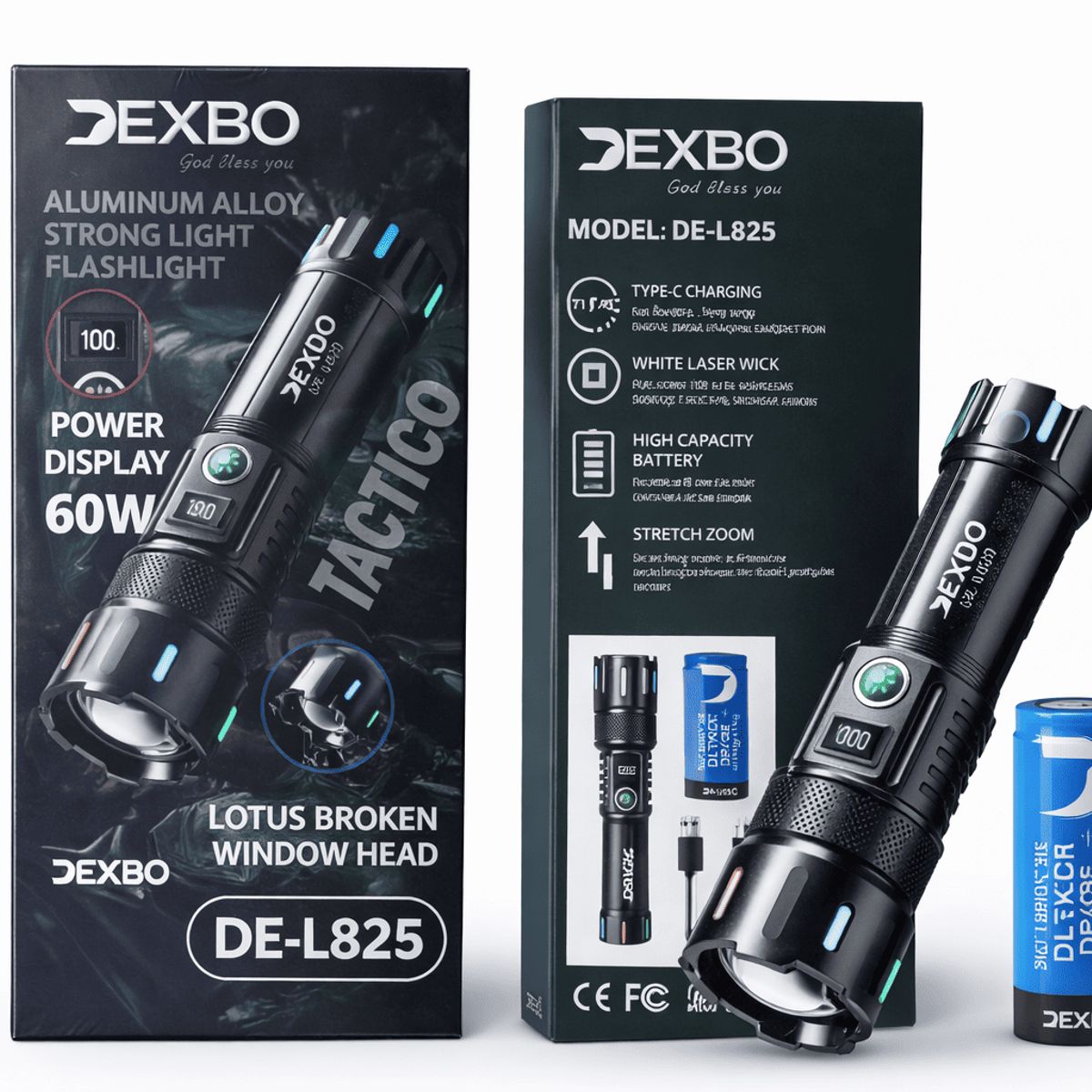 GENERICO - Linterna Táctica con Zoom DEXBO 60W Recargable Type-C Zoom Modelo DE-L825