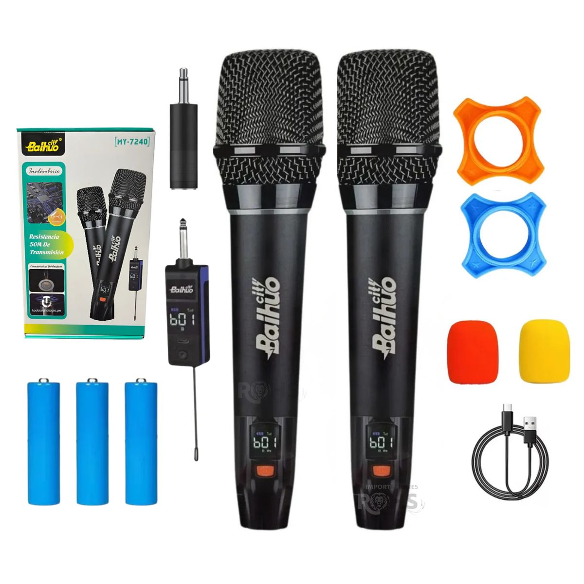 ROHS - Set de 2 Micrófonos Inalámbricos Antruido Recargables Baihuo, MY-7240 Alcance 50 metros