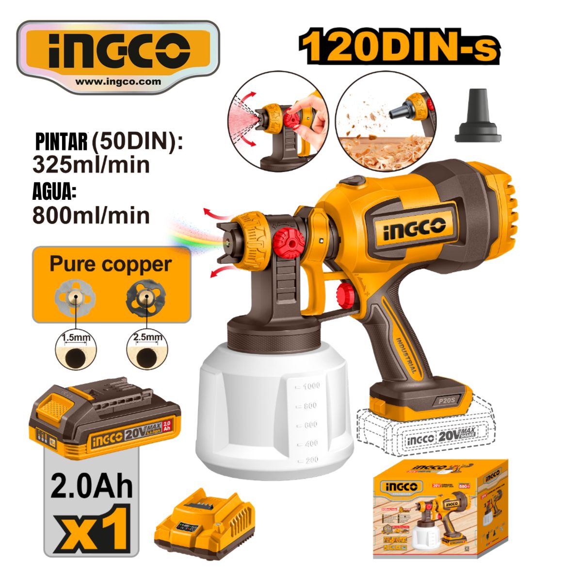INGCO TOOLS - CSGLI20042 PISTOLA PULVERIZADORA PARA PINTAR 20V + 1 BAT 2.0AH + CARGADOR