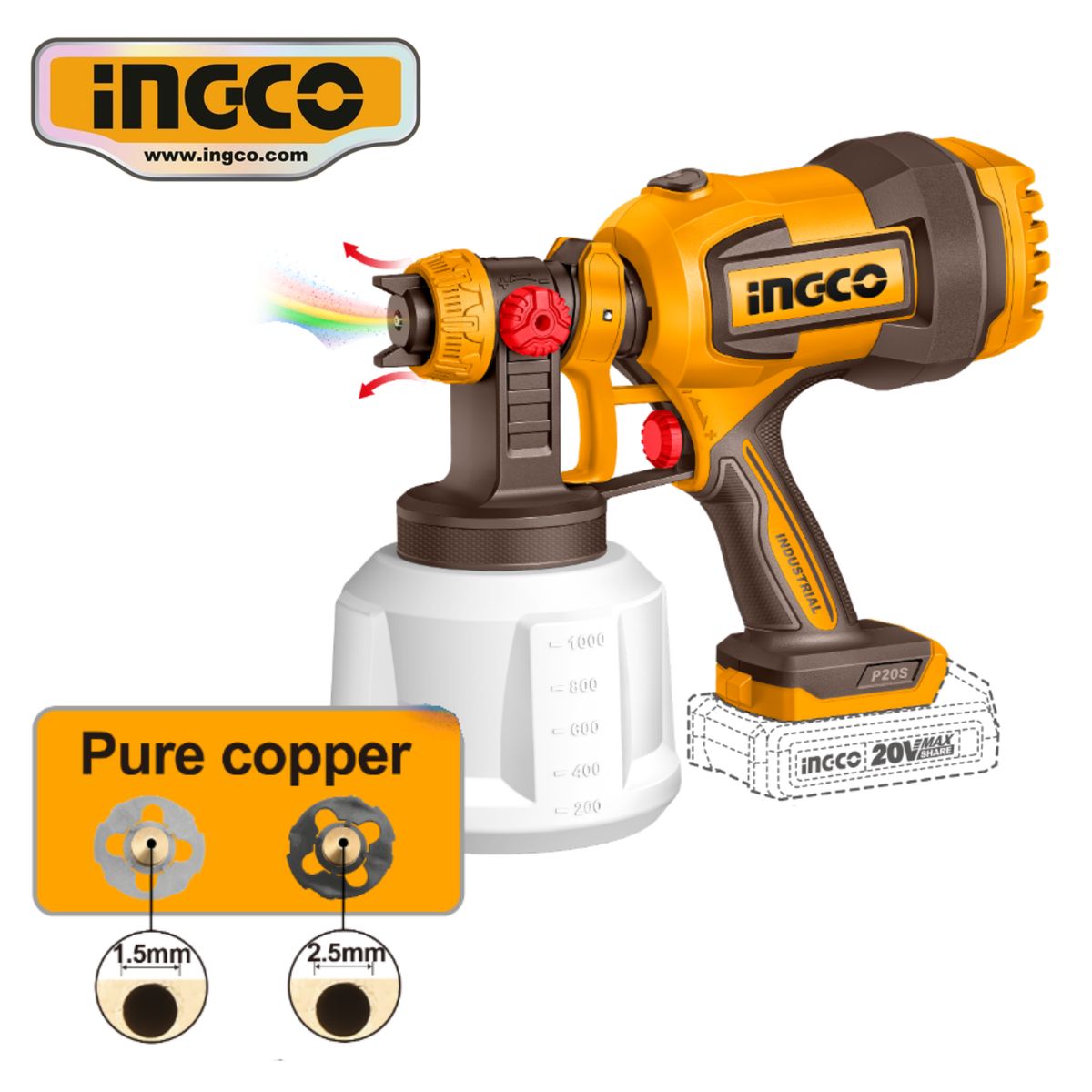 INGCO TOOLS - CSGLI20042 PISTOLA PULVERIZADORA PARA PINTAR 20V + 1 BAT 2.0AH + CARGADOR