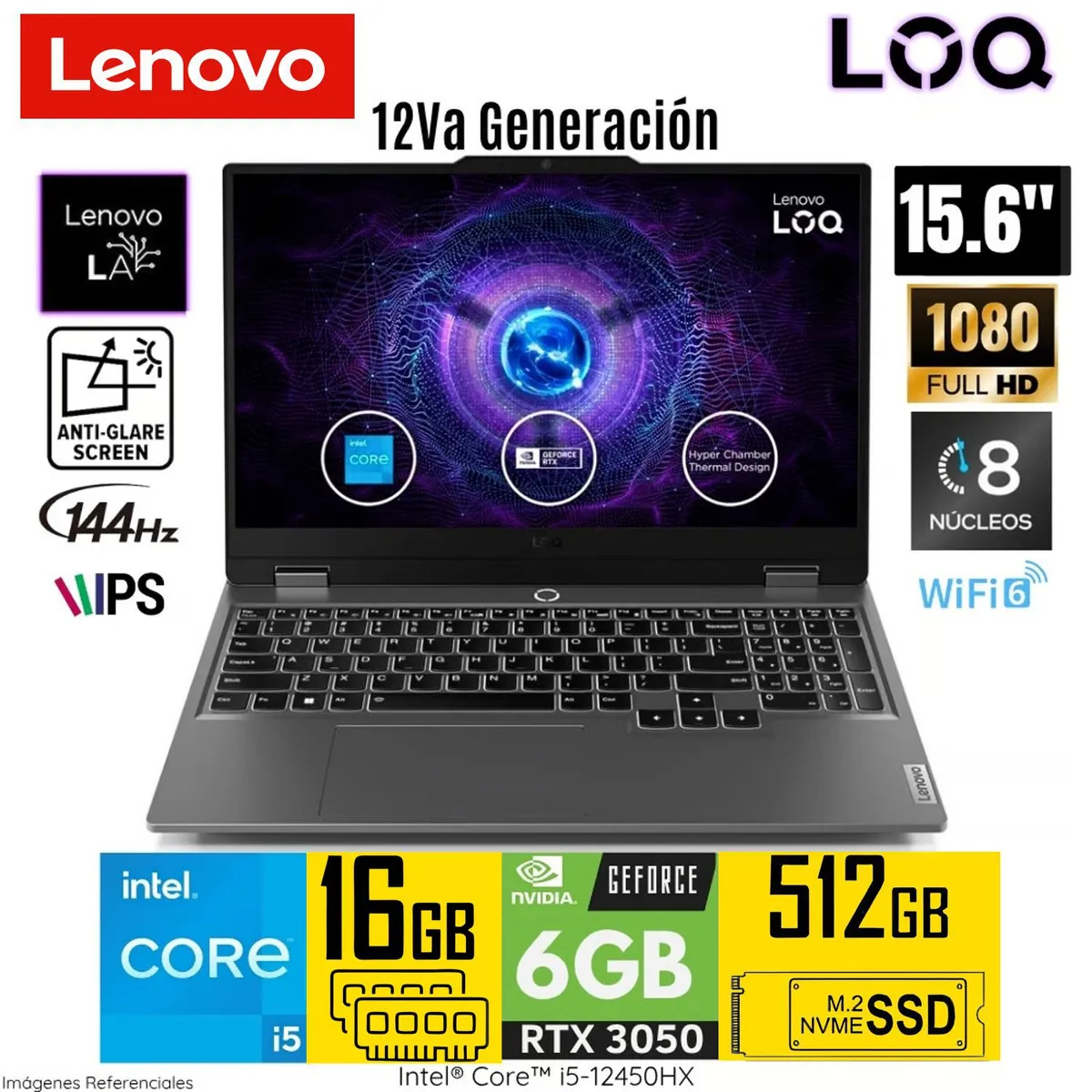 LENOVO - Laptop Lenovo Gamer LOQ Intel Core i5 12450HX 16GB RAM 512GB SSD 6GB RTX 3050 15.6" FHD