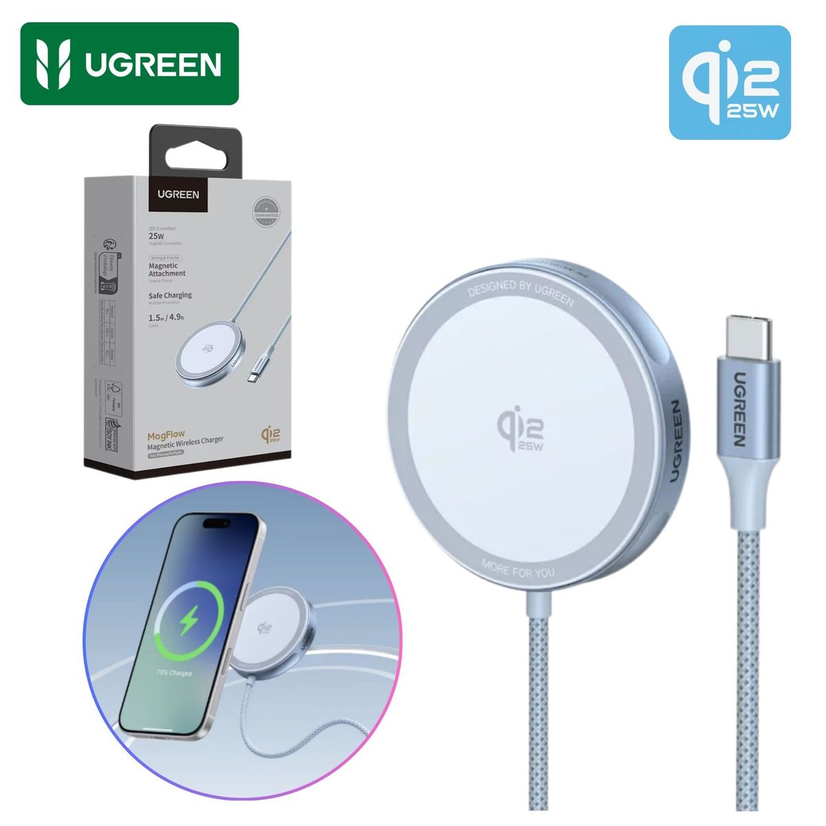 UGREEN - Cargador Inalámbrico UGREEN Magflow Qi2 25W Magsafe Certificado para  iPhone 17, 16, 15