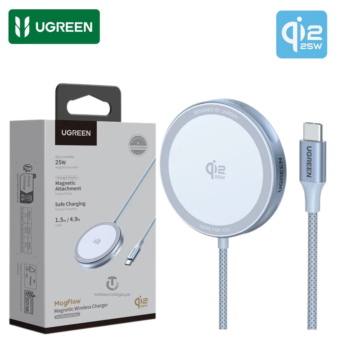 UGREEN - Cargador Inalámbrico UGREEN Magflow Qi2 25W Magsafe Certificado para  iPhone 17, 16, 15