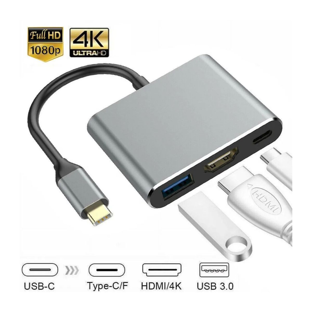 GENERICO - HUB 3 EN 1 TIPO C - HDMI x1 USB 3.0 x1 TIPO C x1