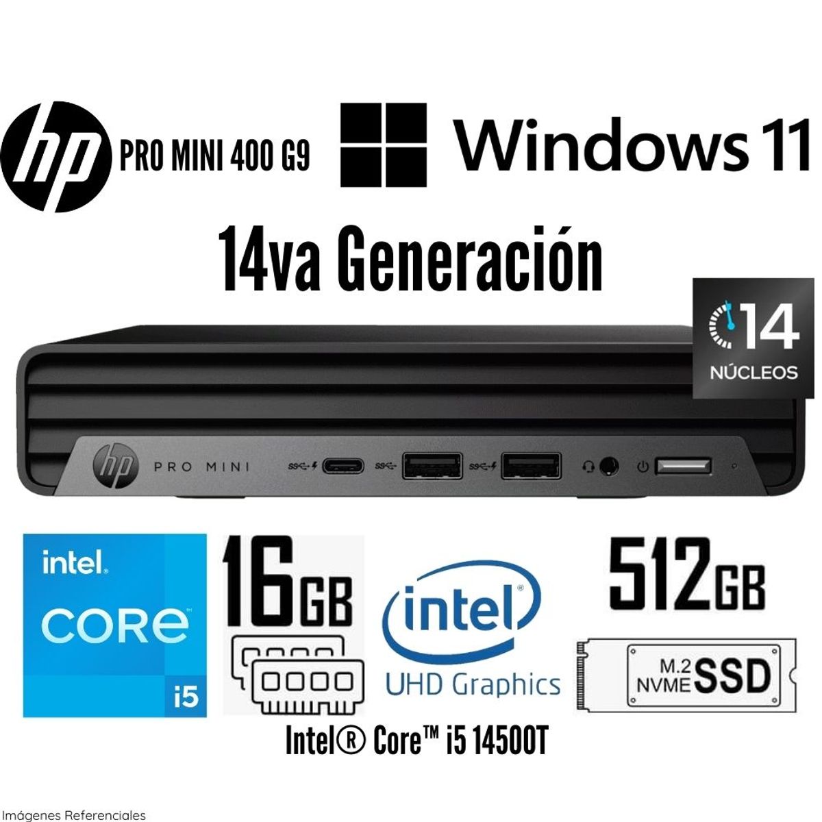 HP - PC Escritorio HP PRO MINI 400 G9 Intel Core i5 14500T 16GB RAM 512GB Win 11 Pro
