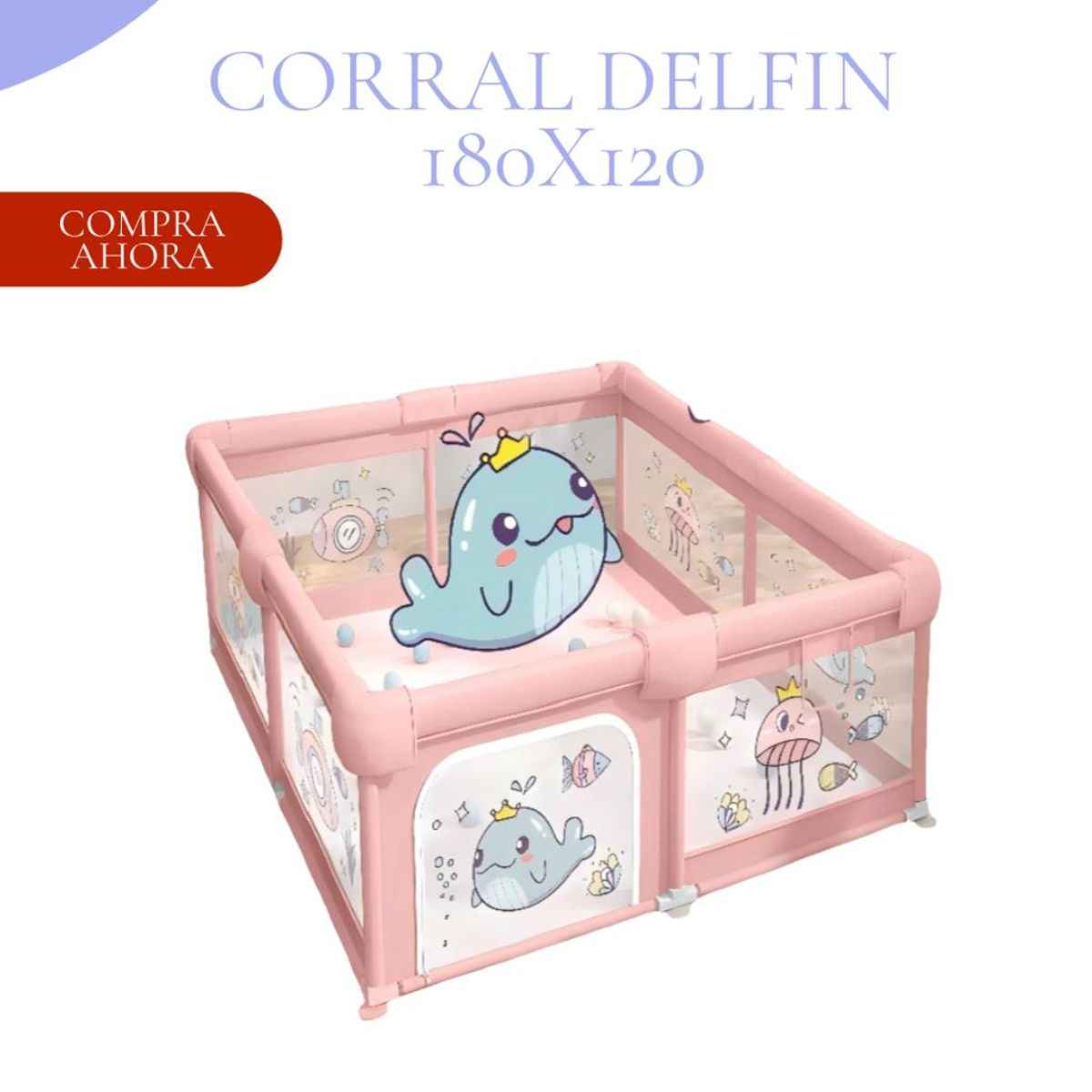 GENERICO - Corral infantil para bebé 180x120cm - MODELO DELFIN ROSADO
