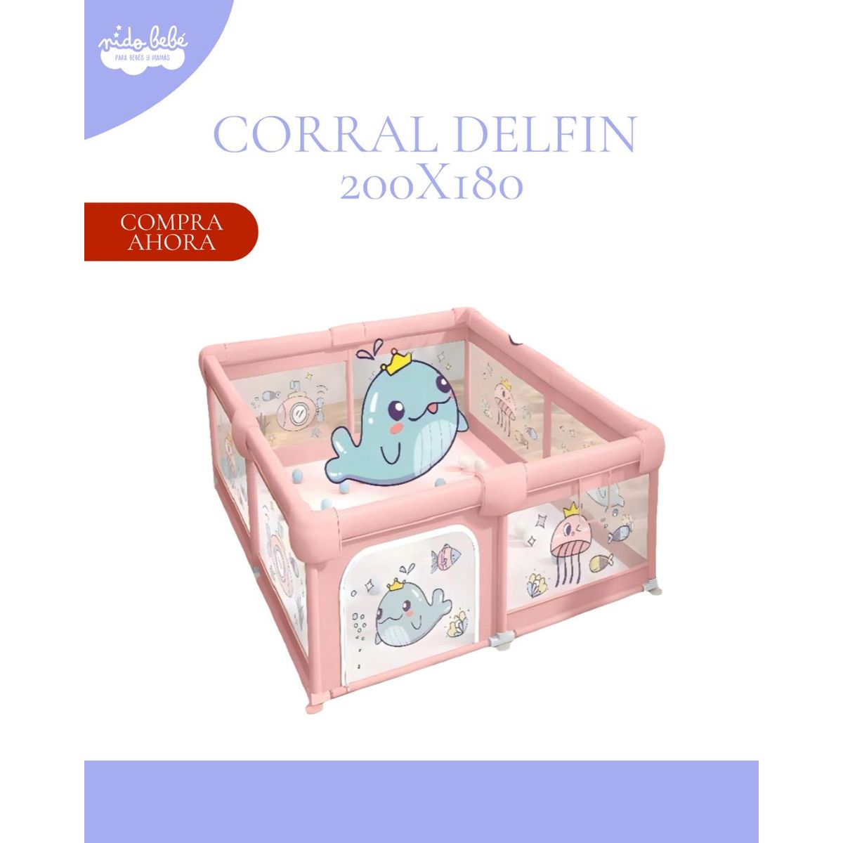 GENERICO - Corral infantil para bebé 200x180cm - MODELO DELFIN ROSADO