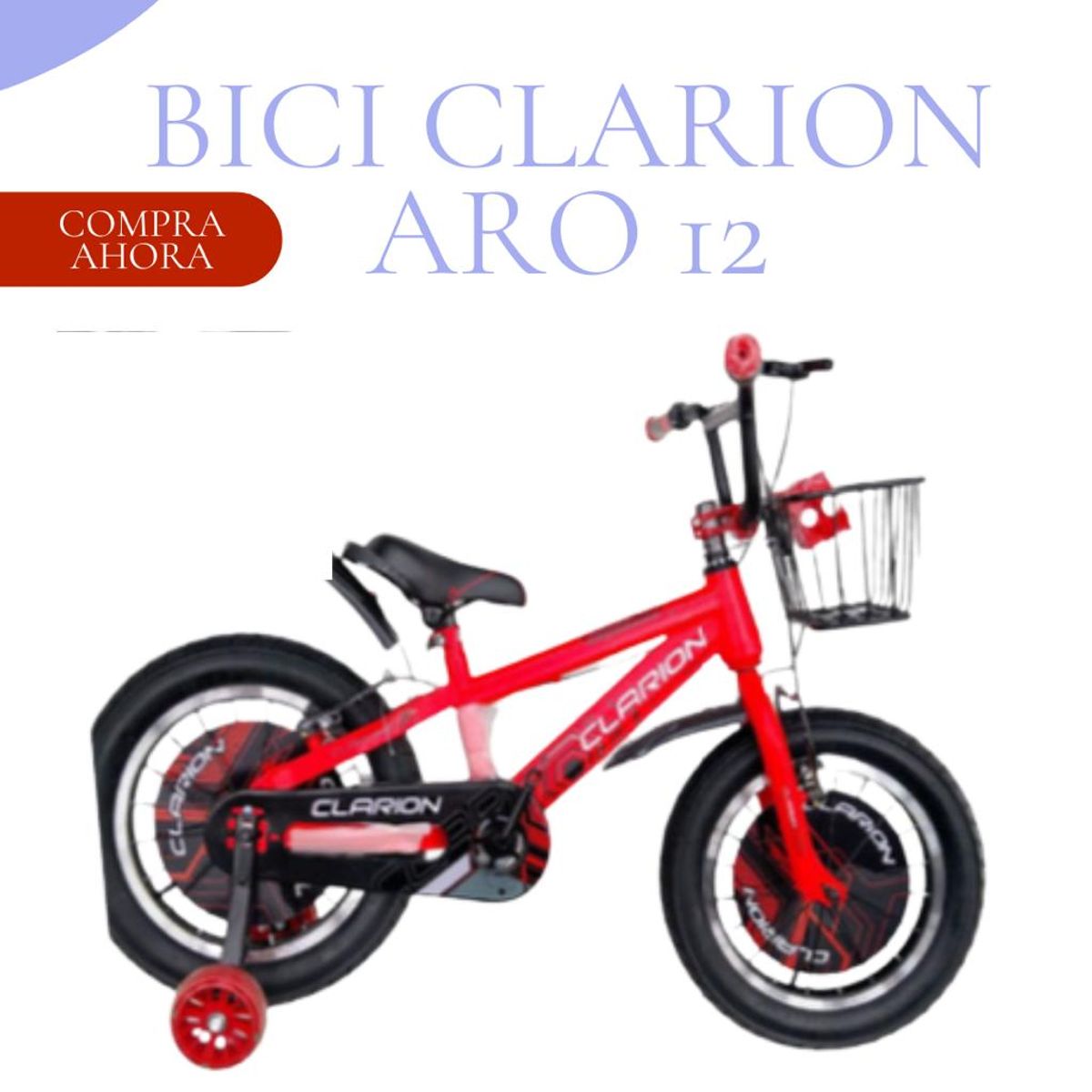GENERICO - BICICLETA PARA NIÑO ARO 12 «CLARION» CON CANASTA ROJO