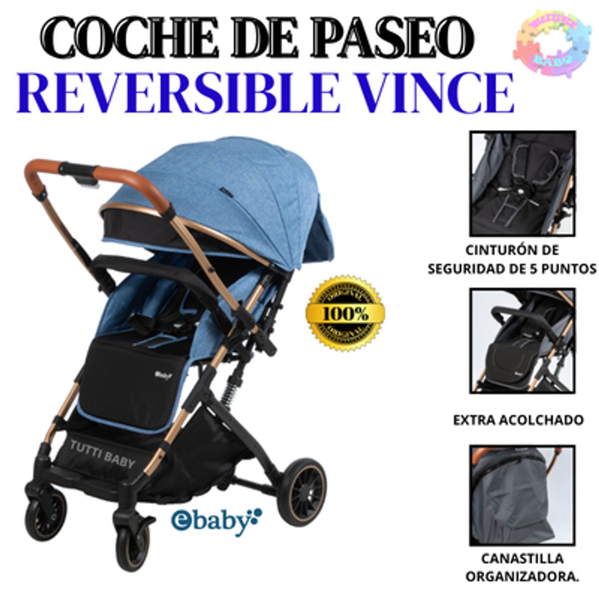 EBABY - COCHE DE PASEO REVERSIBLE VINCE EB172 - AZUL