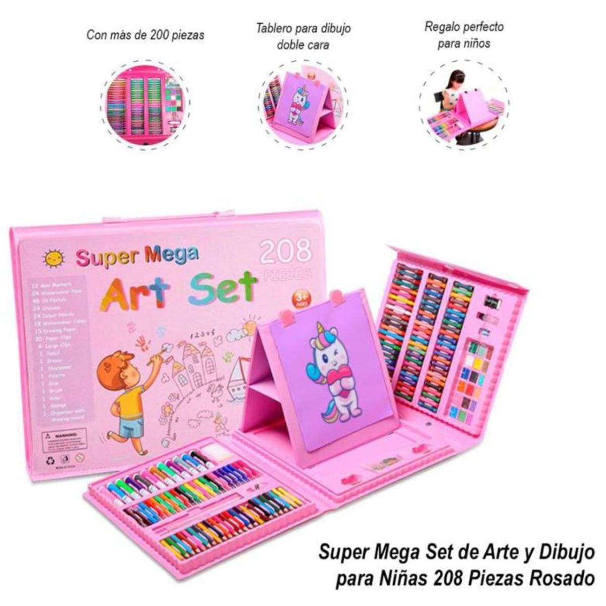 GENERICO - Mega Set de Arte y Dibujo Creativo para Niños De 208 Piezas - Rosado