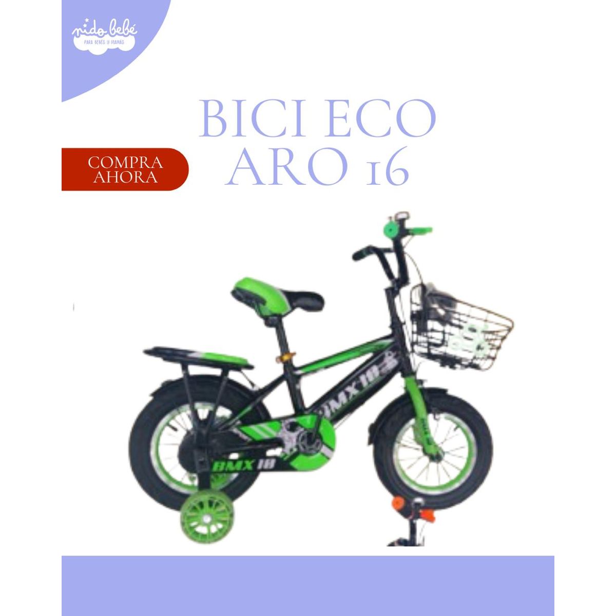 GENERICO - Bicicleta "ECO"  para Niño Infantil Aro 16 - VERDE Y NEGRO