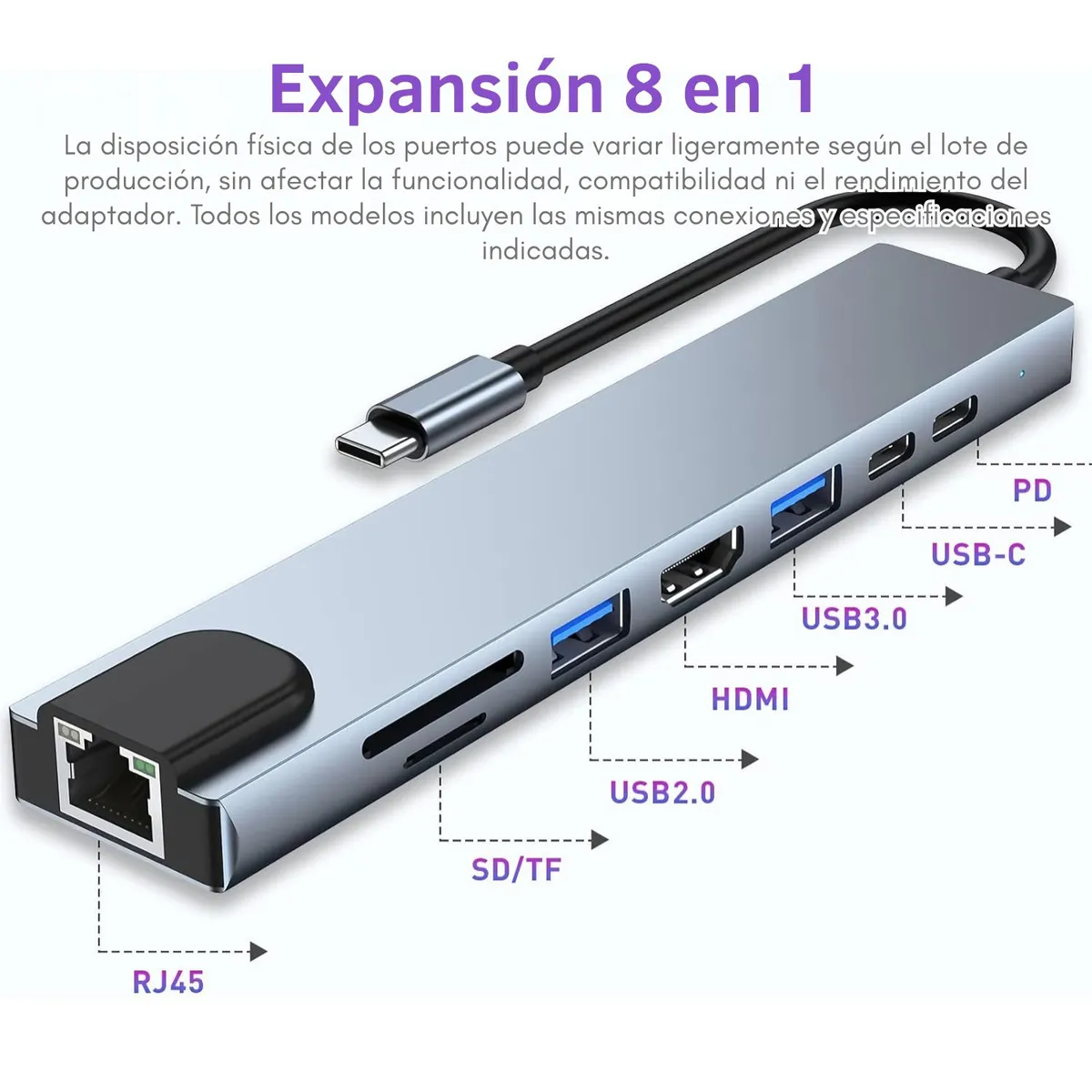 OEM - Adaptador Tipo C 8 en 1 para Laptop y Tablet con HDMI RJ45 USB y Carga Rápida PD