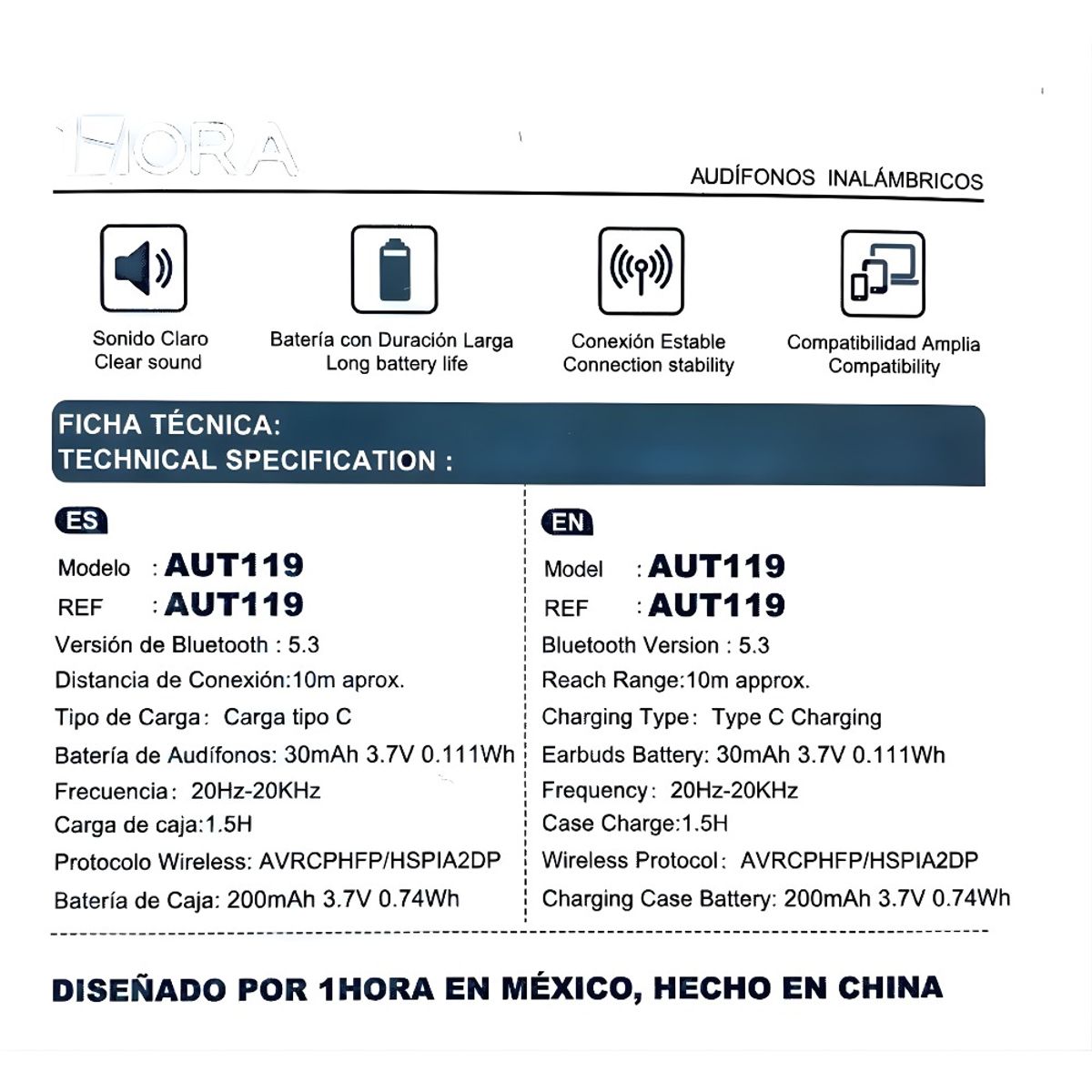 OEM - Audífonos In-ear Bluetooth Auriculares 1hora Aut119 Color Blanco